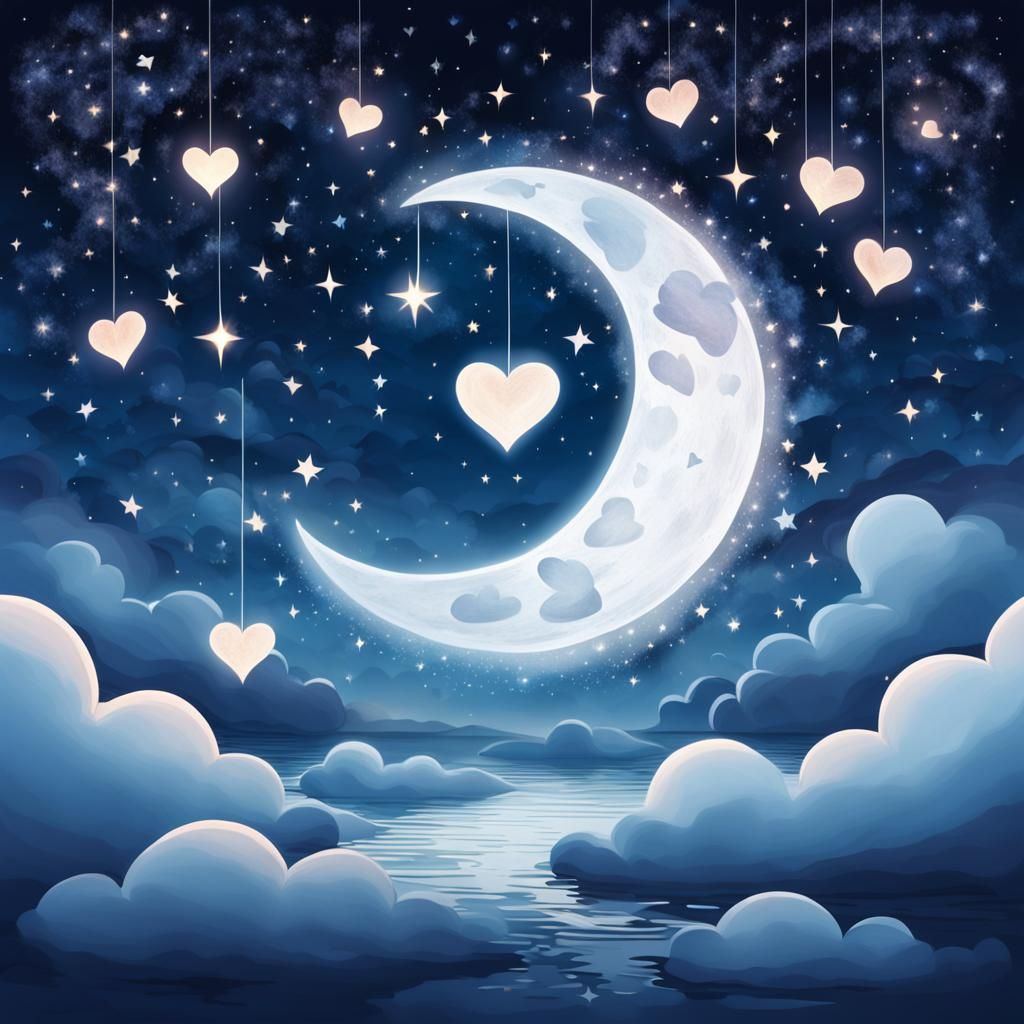 Dreamy Crescent Moon with Glowing Hearts