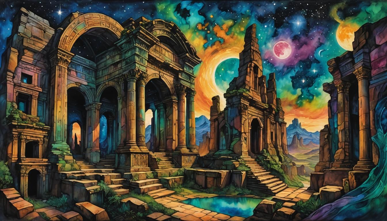 Psychedelic Traveler Carving in Ancient Ruins