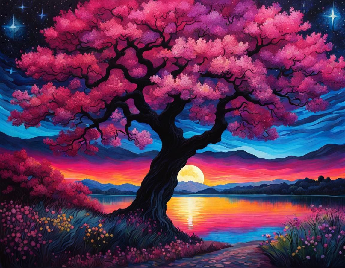 Pink Lake and Flowers in Gothic Watercolor Style