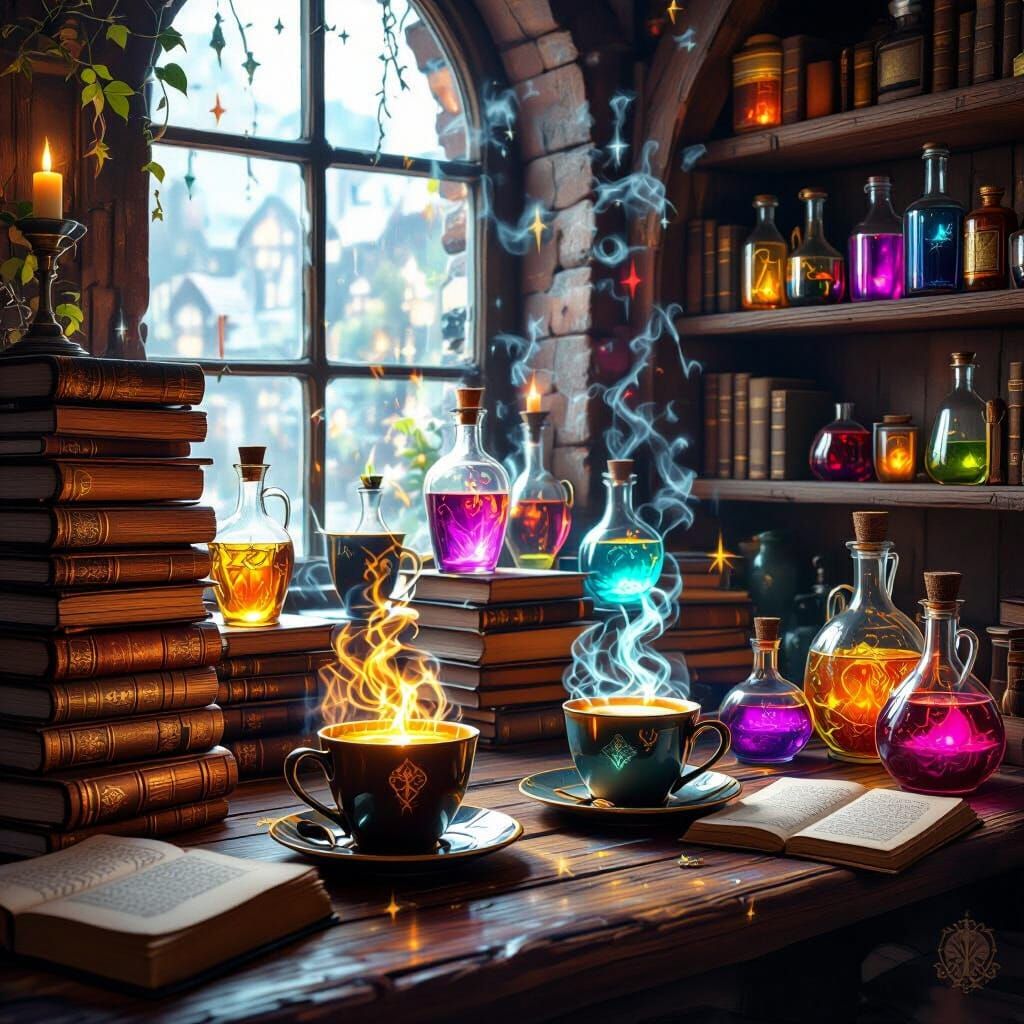 Enchanted Cafe Interior With Glowing Mugs and Spellbooks