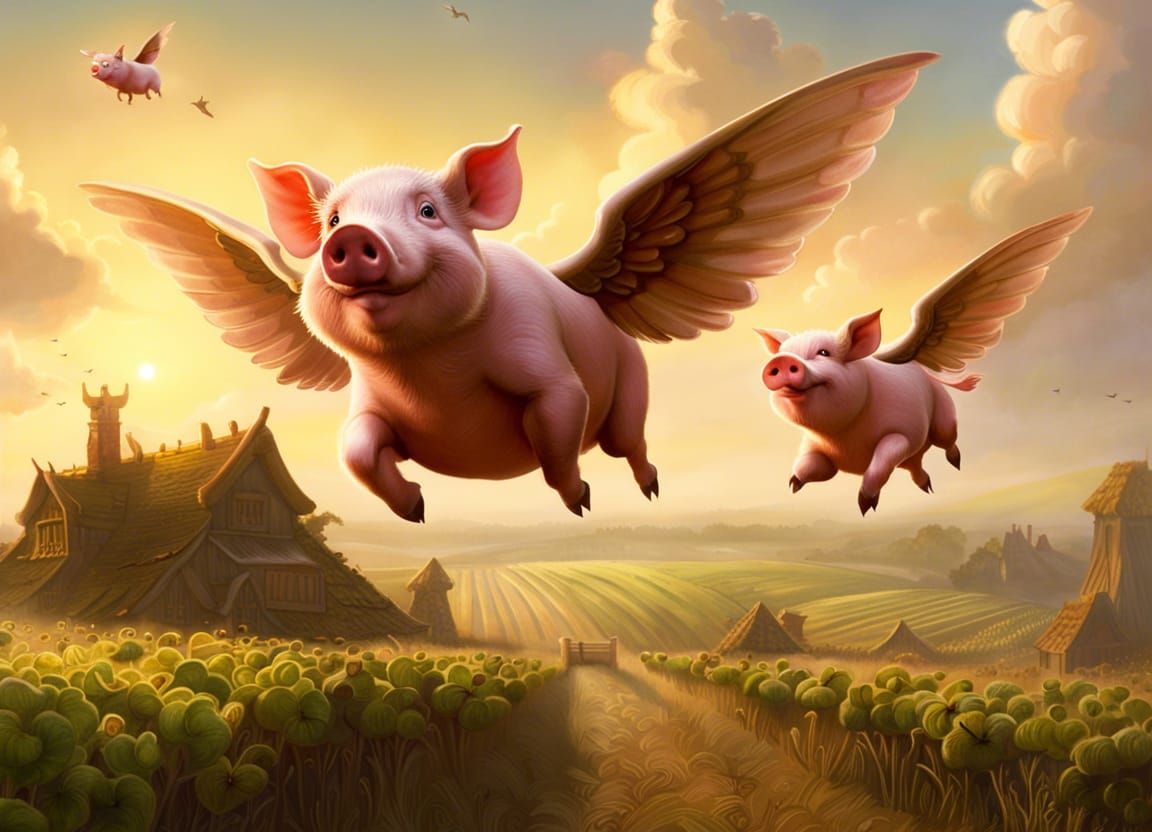 Flying Pigs in a Detailed Fantasy Landscape