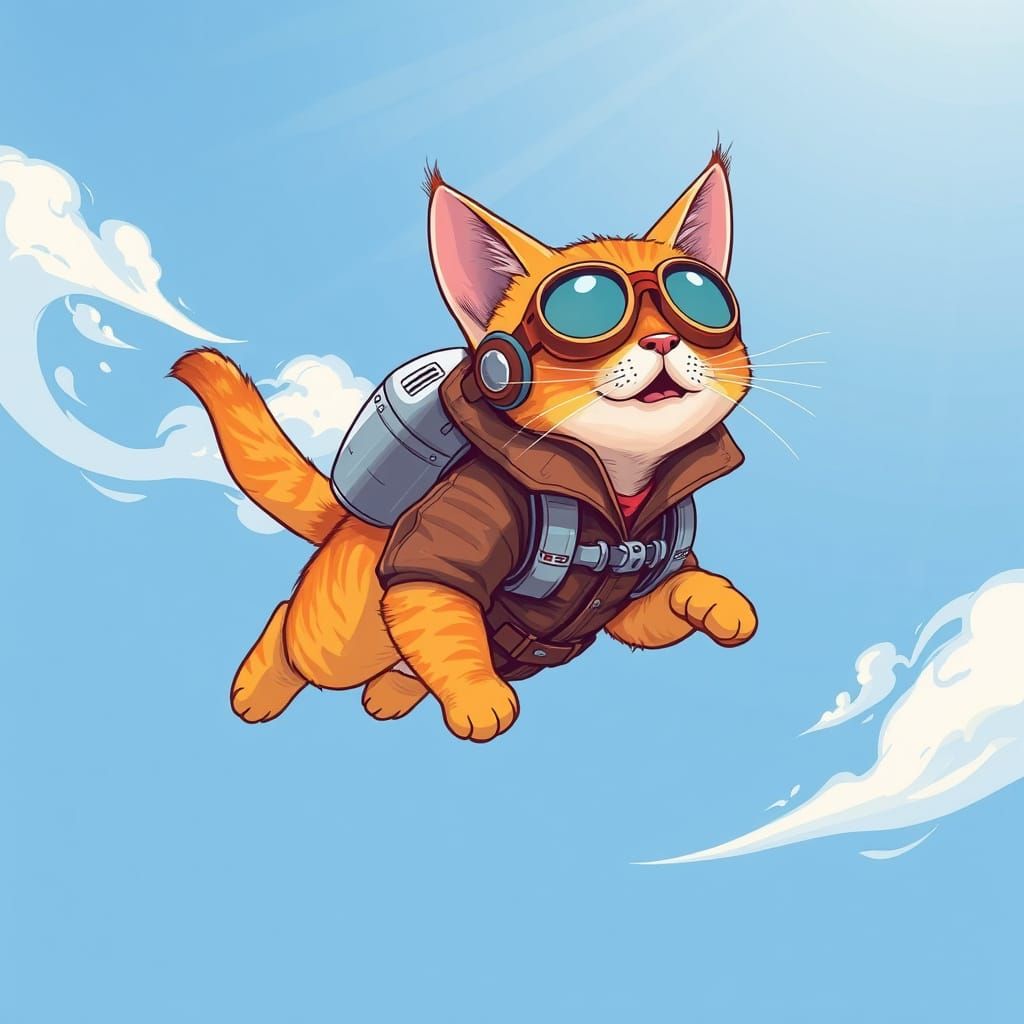 Retro-Futuristic Whiskered Feline Soars Through the Skies