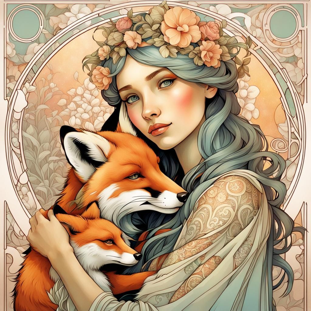 Girl Hugs Fox Cub in Alphonse Mucha Style
