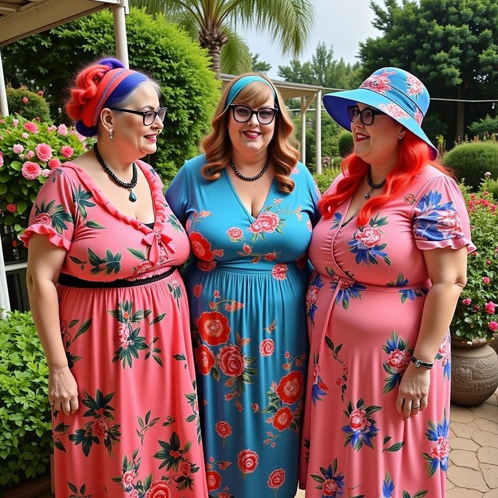 Three Elderly Women in a Vibrant Garden Gathering