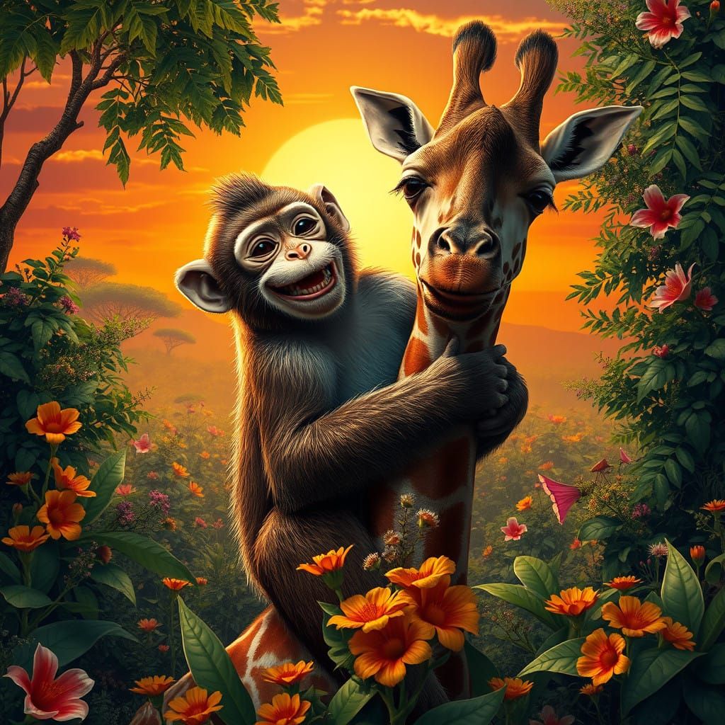 Monkey and Giraffe in Vibrant Savannah Sunset Scene