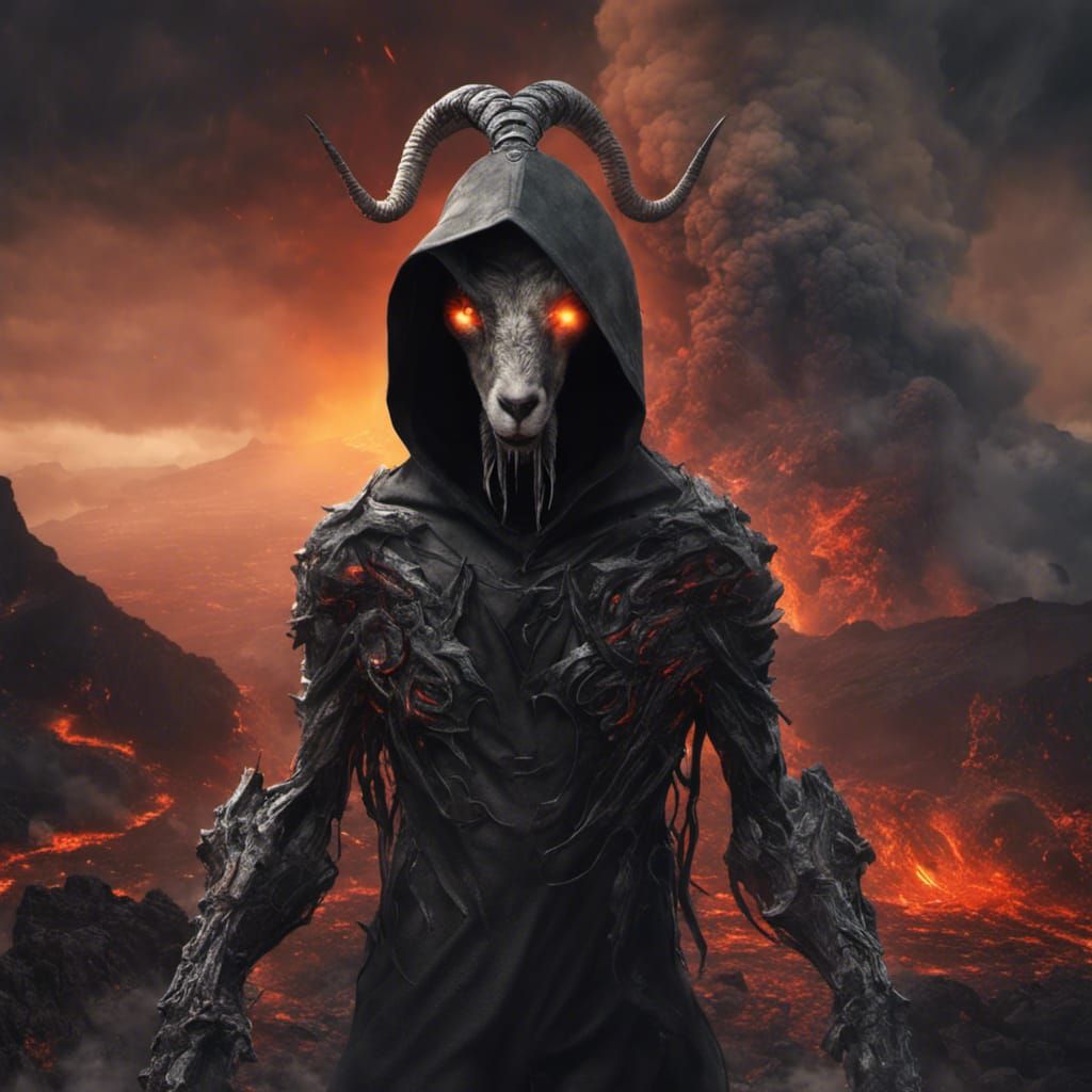 Robotic Hooded Figure Amidst Volcanic Chaos