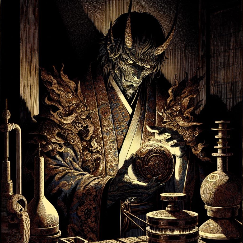 Demon Alchemist at Work in Woodblock Print Style