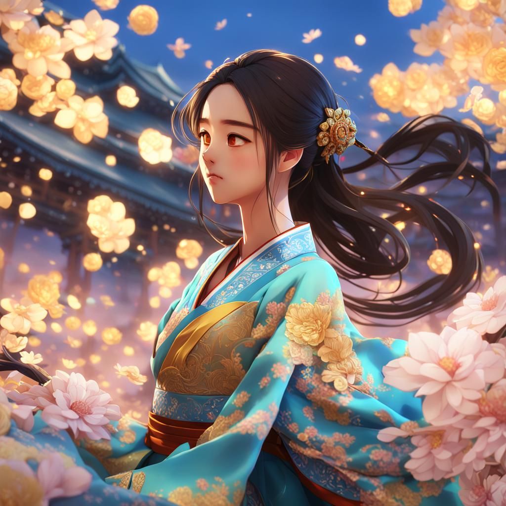 Breathtaking Korean Girl in Traditional Hanbok, Anime-Inspir...