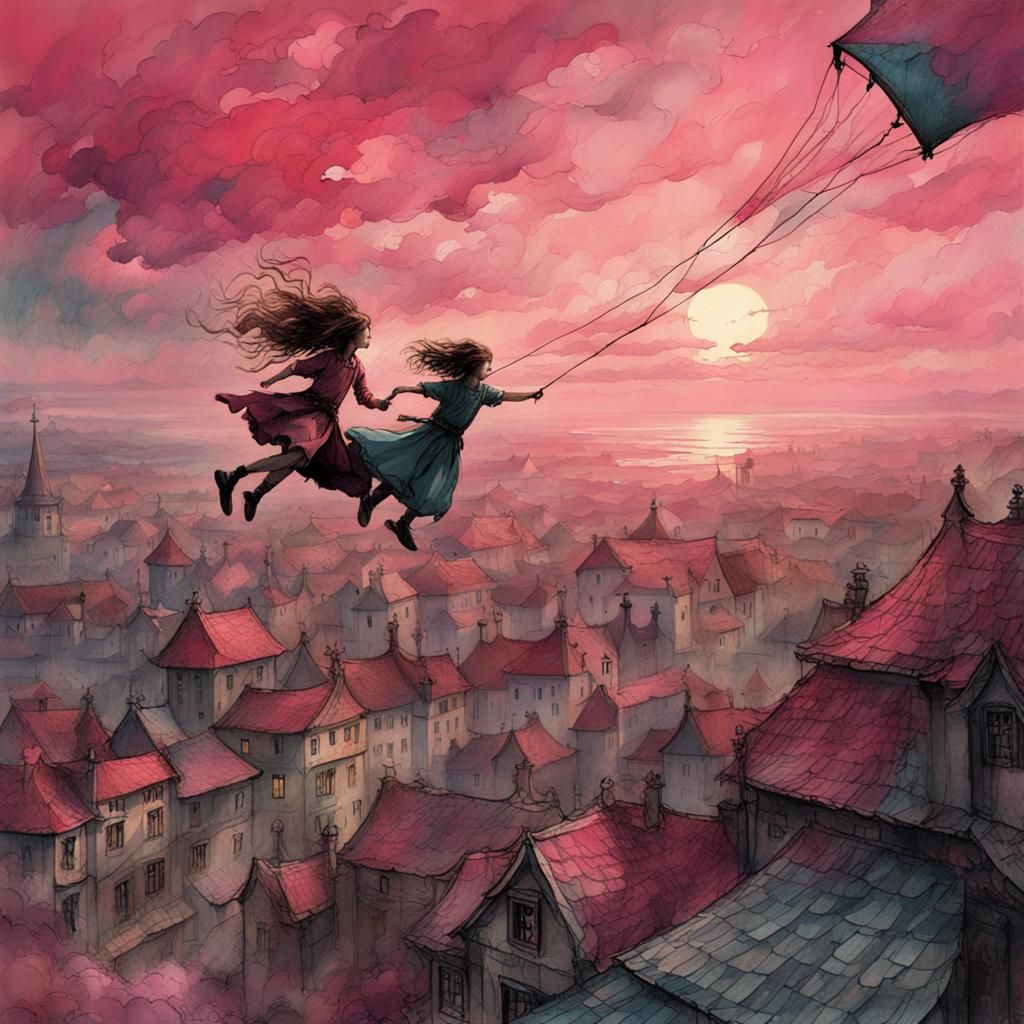Children Flying Kites in Vibrant Color Print Art