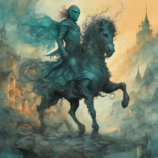 Teal Knight in Village at Sunset