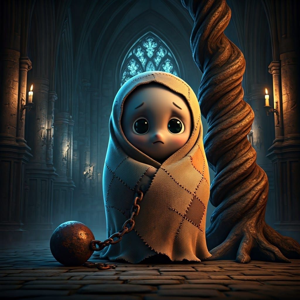 Adorable Ghost in Dim Church, 3D Render