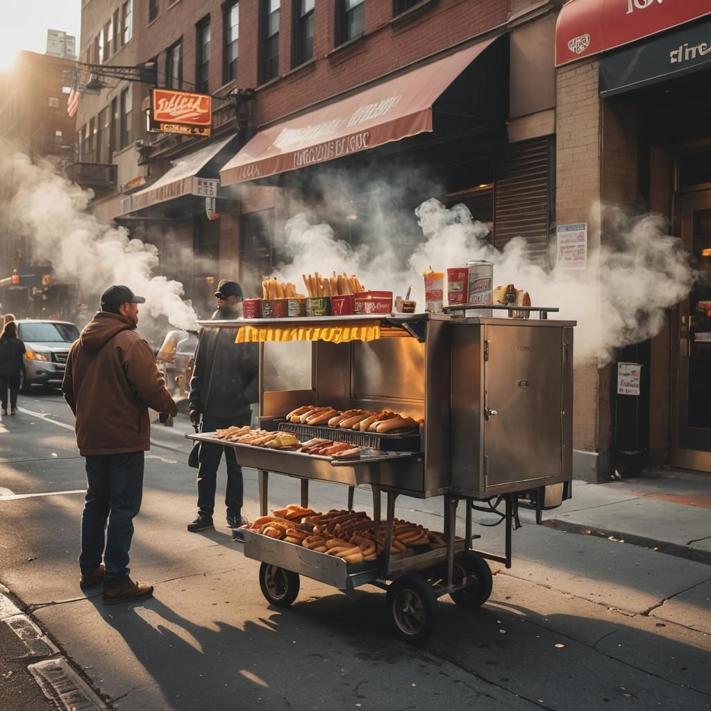 Golden Hour Hot Dog Vendor: Urban Street Photography