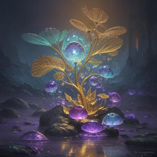 Glowing Stone with Water Droplets in Fantasy Art