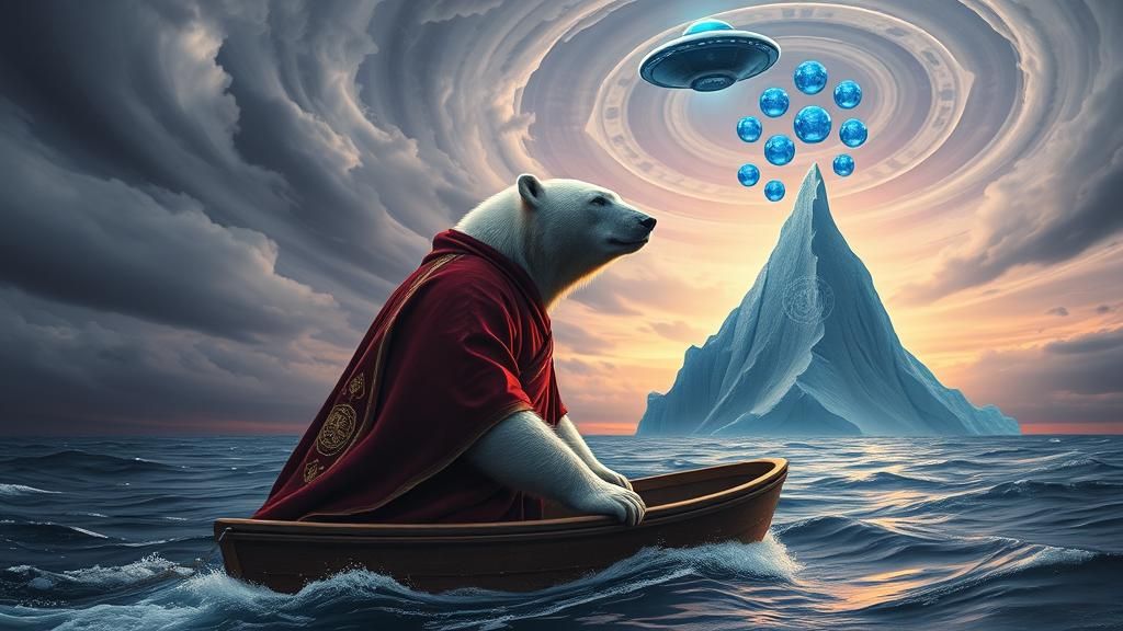 Polar Bear Monk Navigating Arctic Ocean in Surreal Art