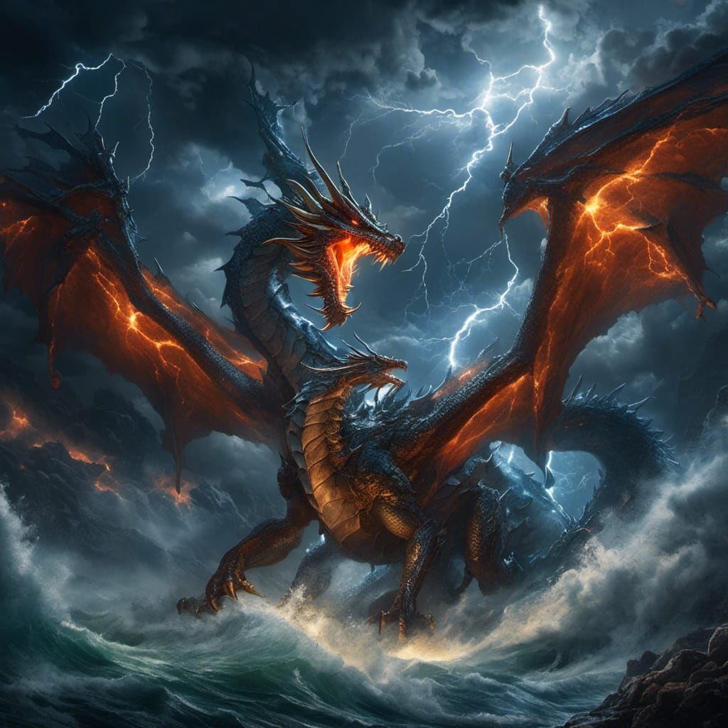 Dragon Battles Storm in Hyperreal Moonlight