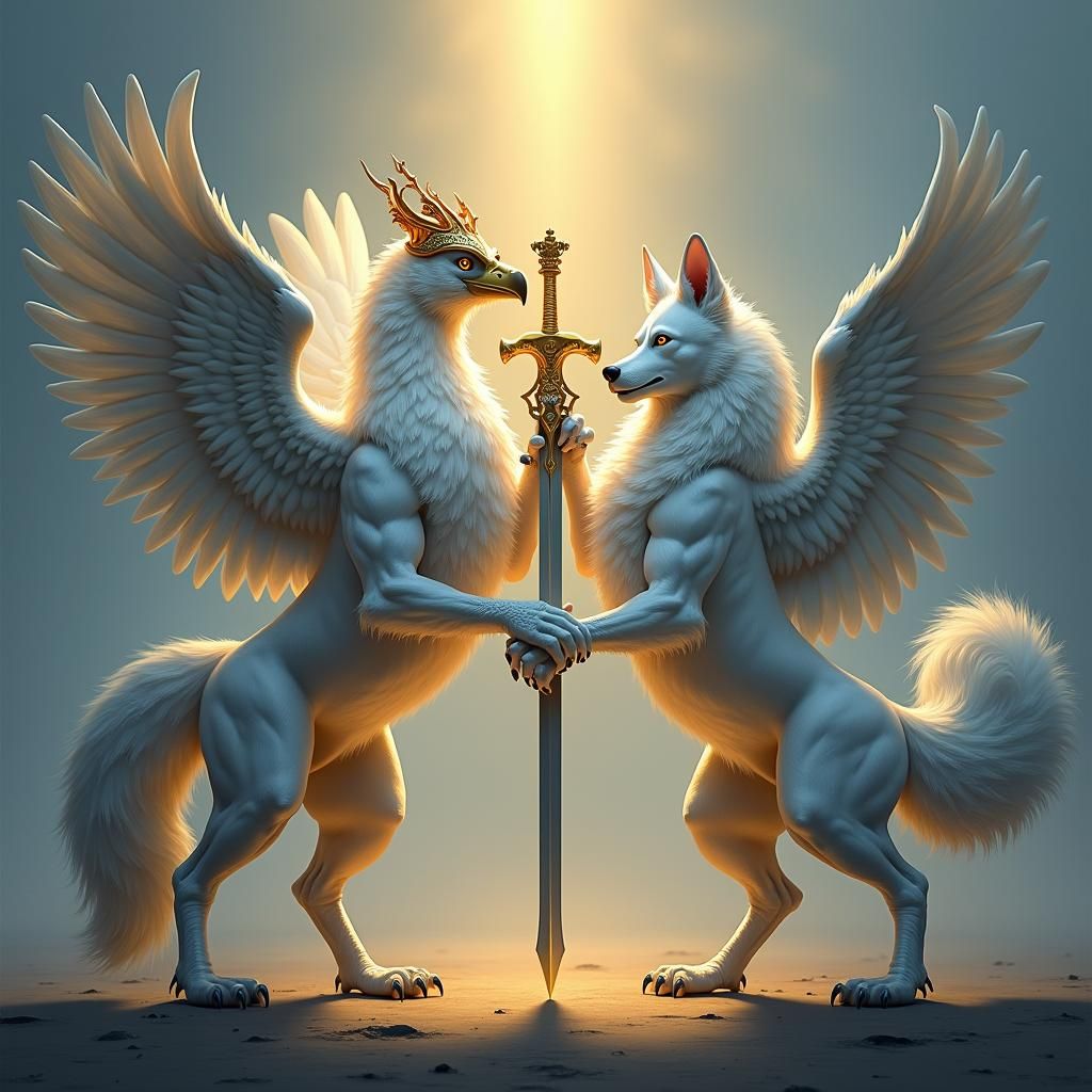 Griffin and Wolf Stand Guard in Vibrant Oil Painting