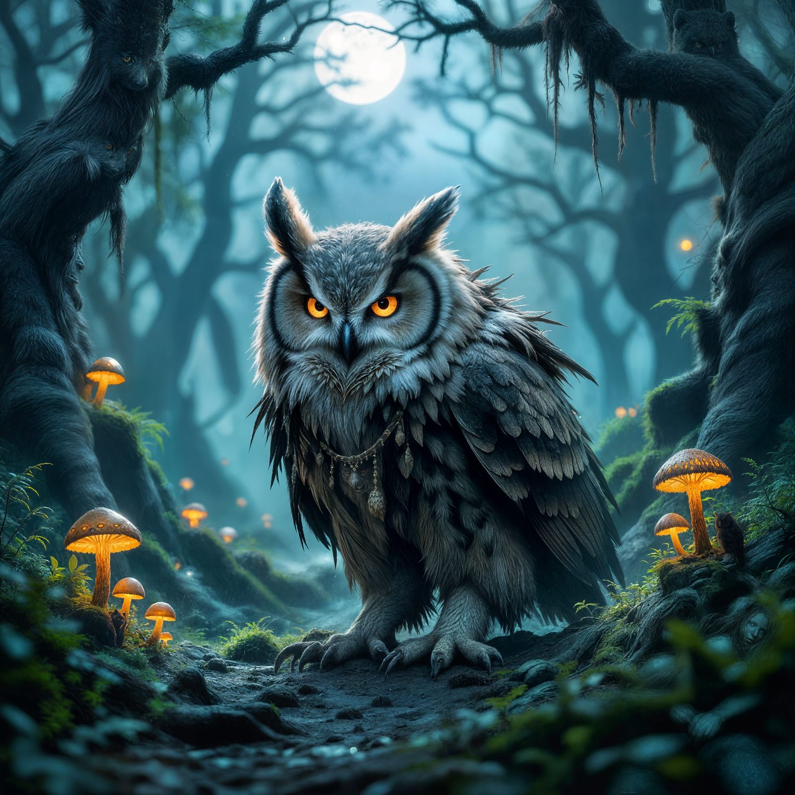 Female Owlbear Foraging in Moonlit Forest