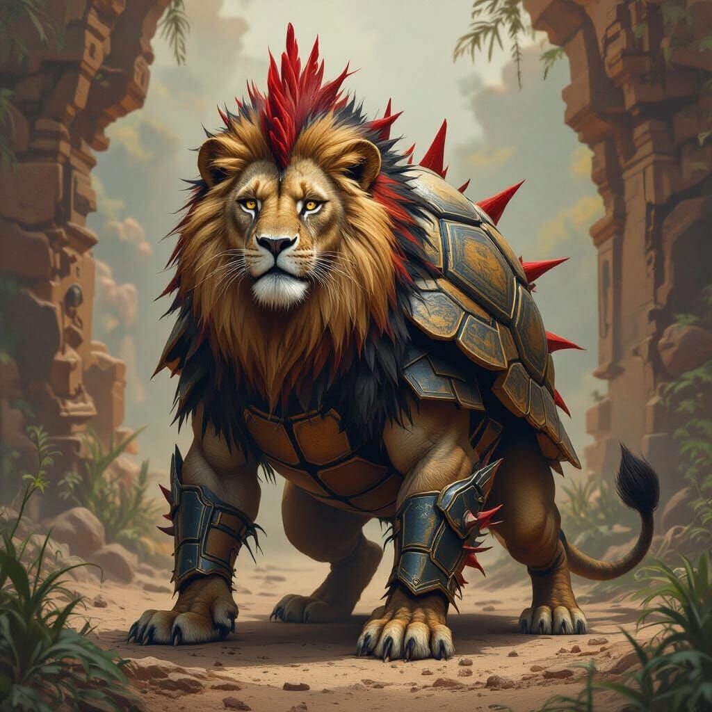 Fantastic Armored Lion Chimera in Detailed Matte Painting