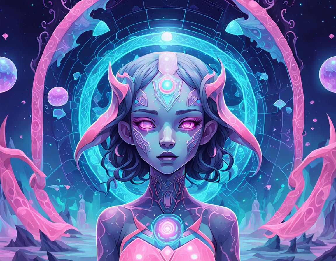 Psychedelic Waifu Enters Alien Portal in Cubist Style