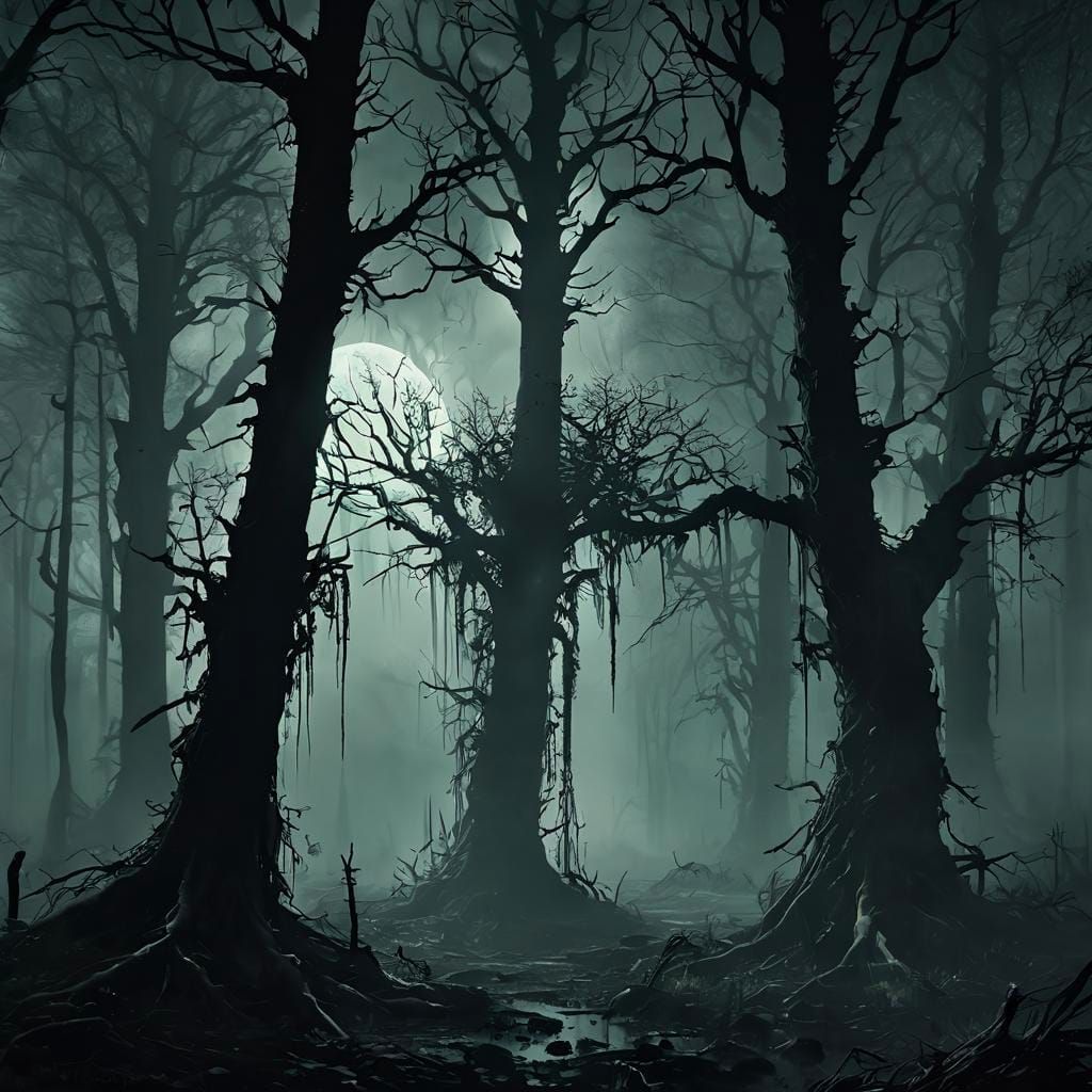 Gloomy Fantasy Forest with Hemp Trees and Skulls