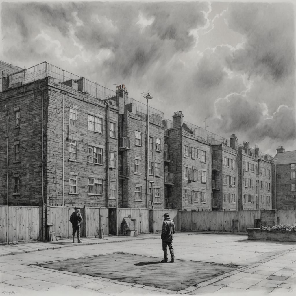 Charcoal Drawing: Solitary Figure in London Estate