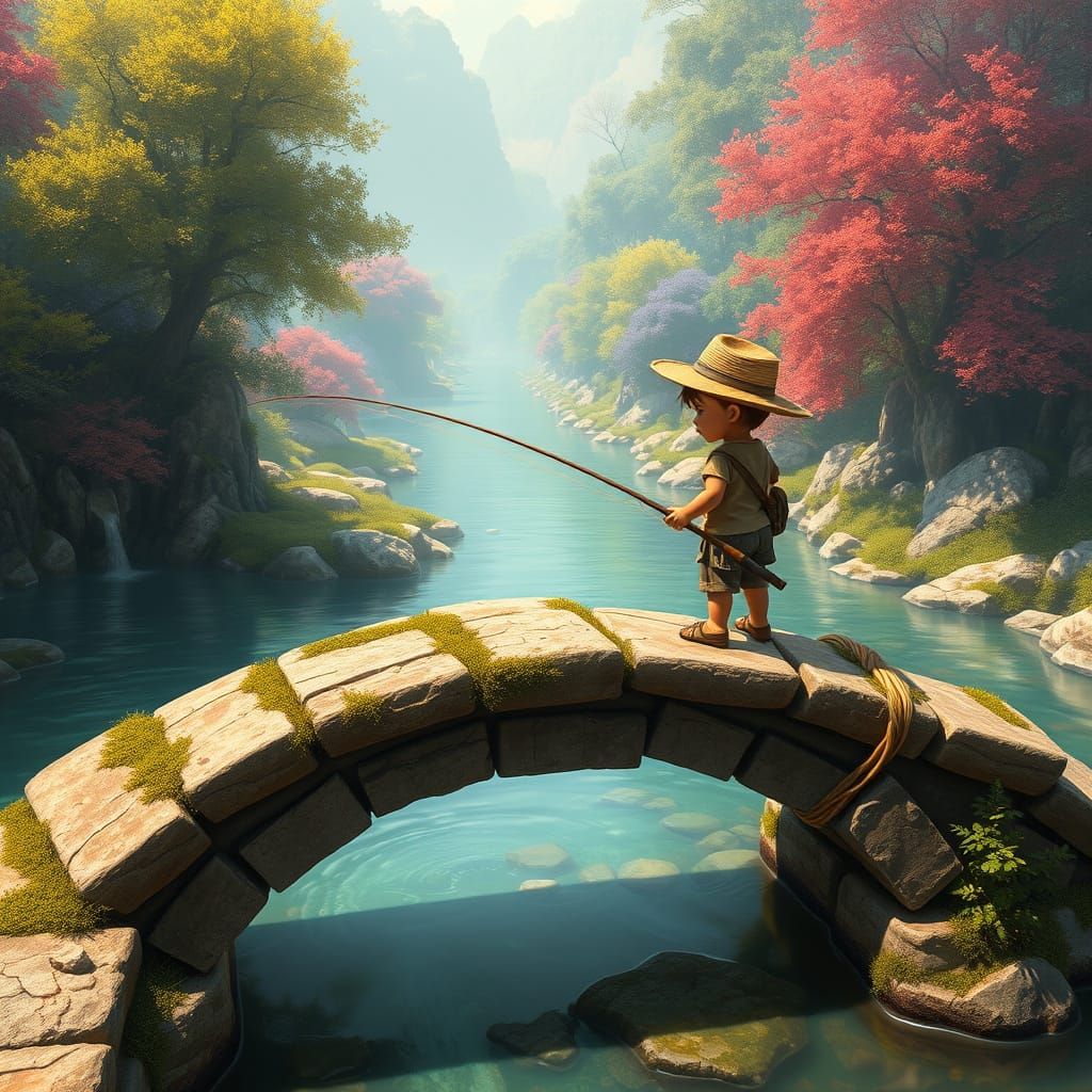 Whimsical Boy Fishes in a Vibrant Fantasy Landscape