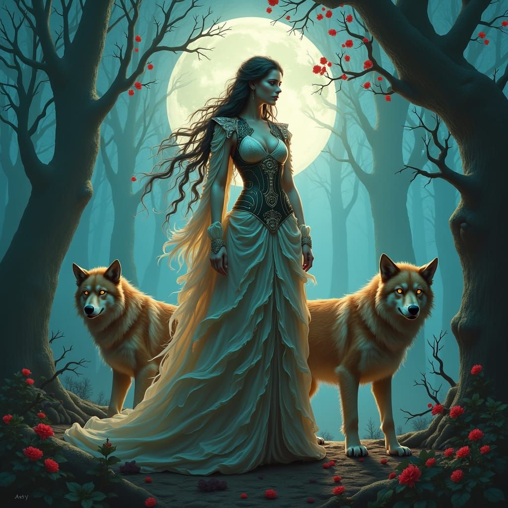 Ethereal Warrior Maiden in Moonlit Forest