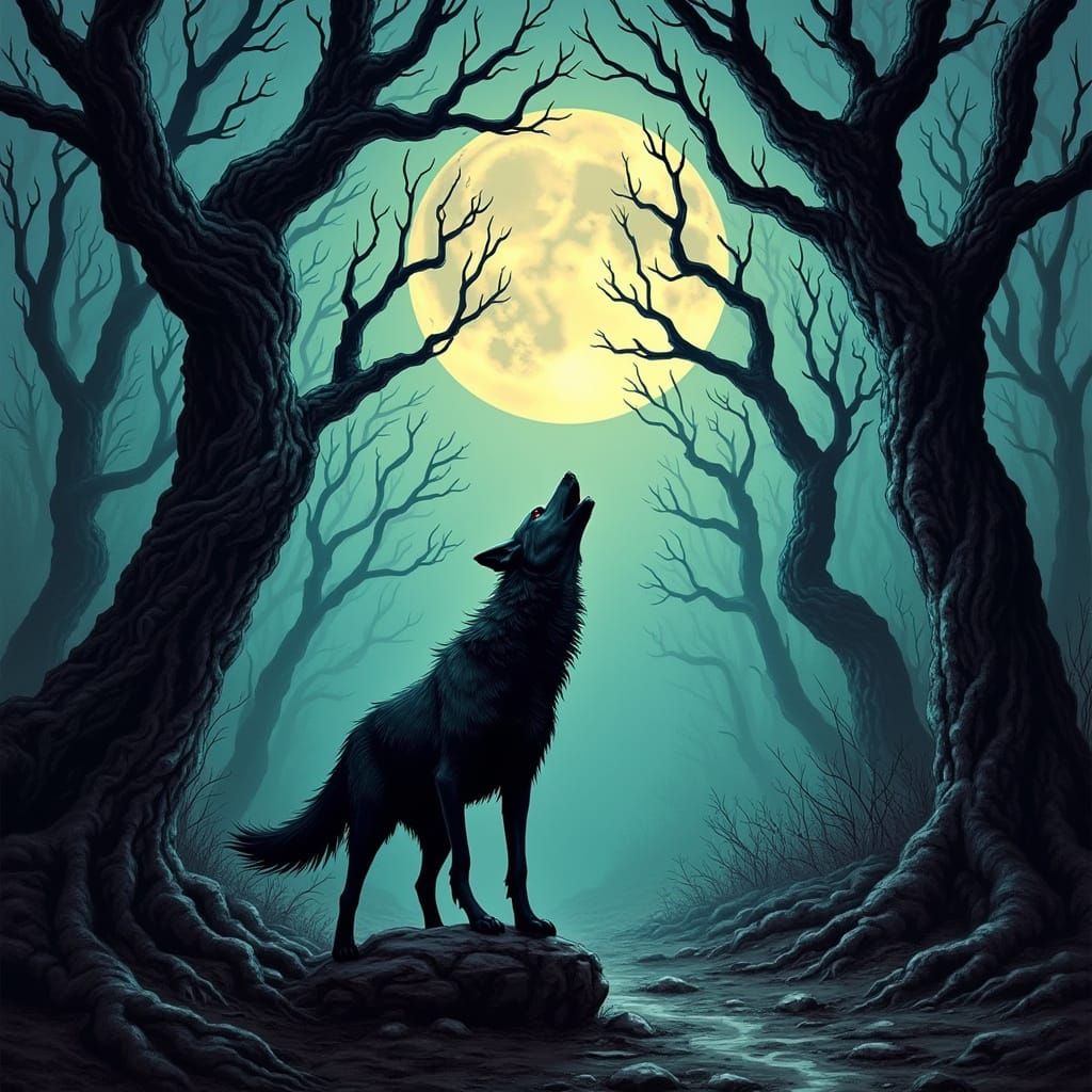 Lone Wolf Howling in Dark Surreal Forest