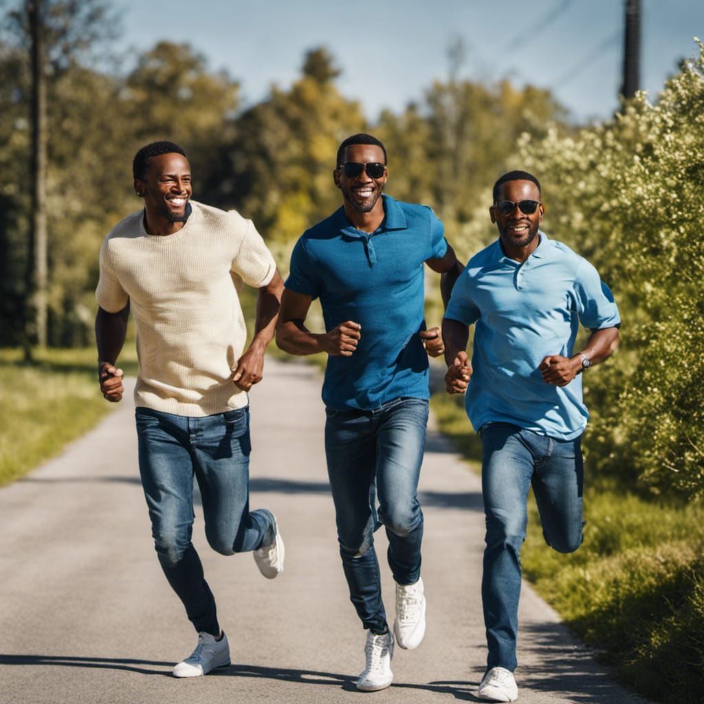 Three Men Running in Jeans on Sunny Day