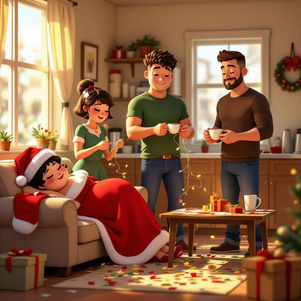 Cozy Holiday Party Aftermath in Pixar Style