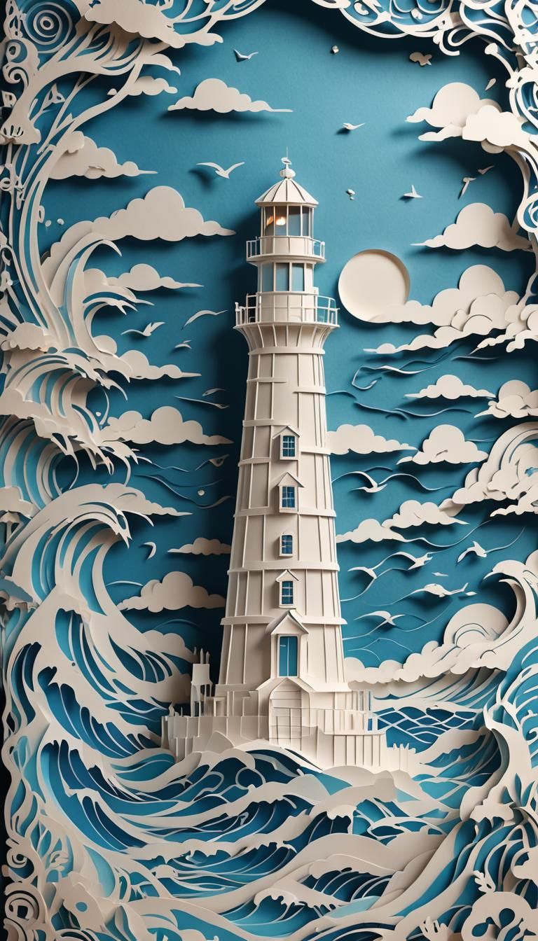 Kirigami paper craft style fantasy lighthouse scene , ship ,...