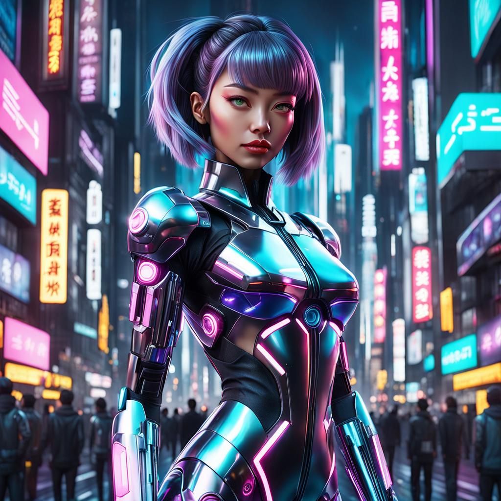 Cyberpunk Woman in Neon Cityscape