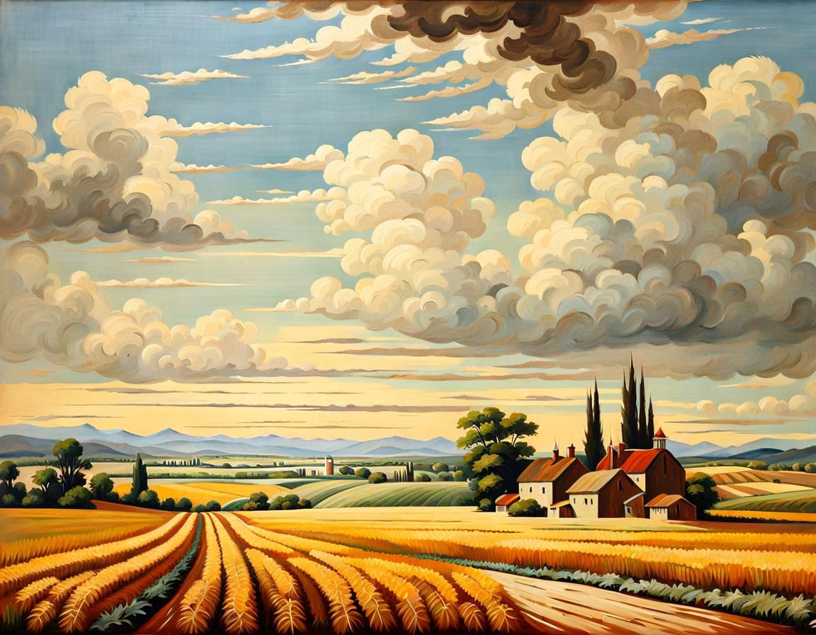 Vintage Wheat Fields Landscape Oil Painting