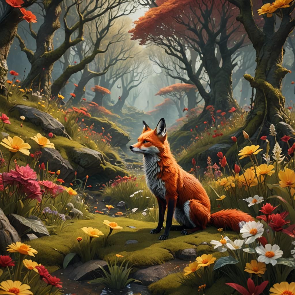 Fox with Yellow and Red Fur in Forest