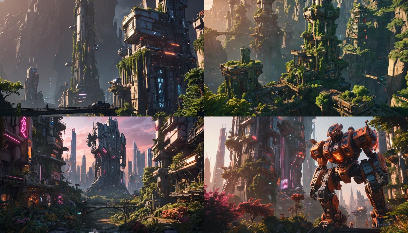 Solar Punk Cityscape with Gardens and Mechs