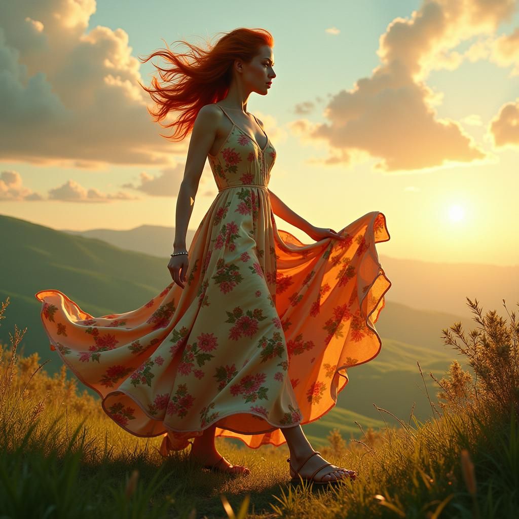 Ginger Woman on Ice Cream Wheels in Dreamy Valley