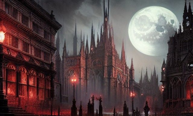 Malevolent Victorian Cathedral District with Blood Moon