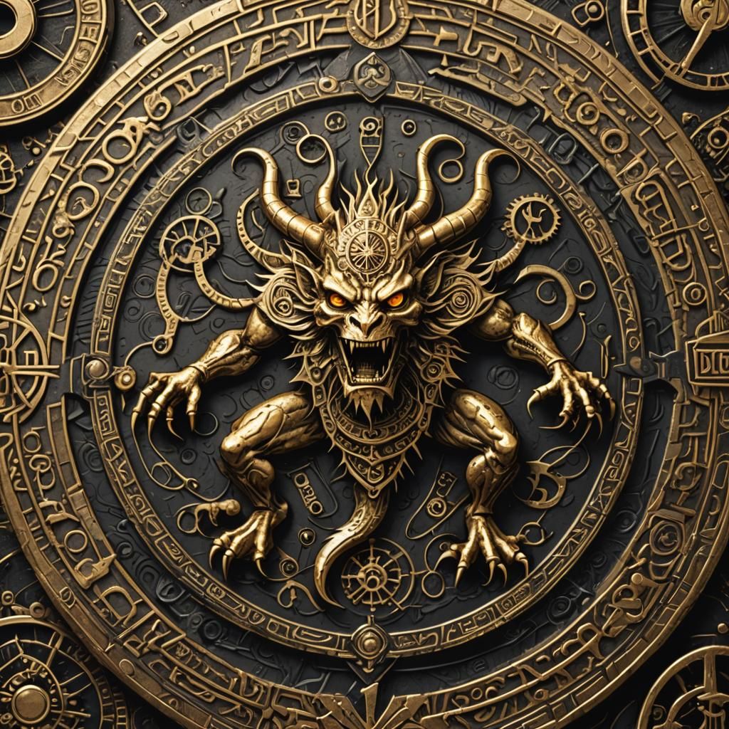 Steampunk Gold Coin with Demonic Creature