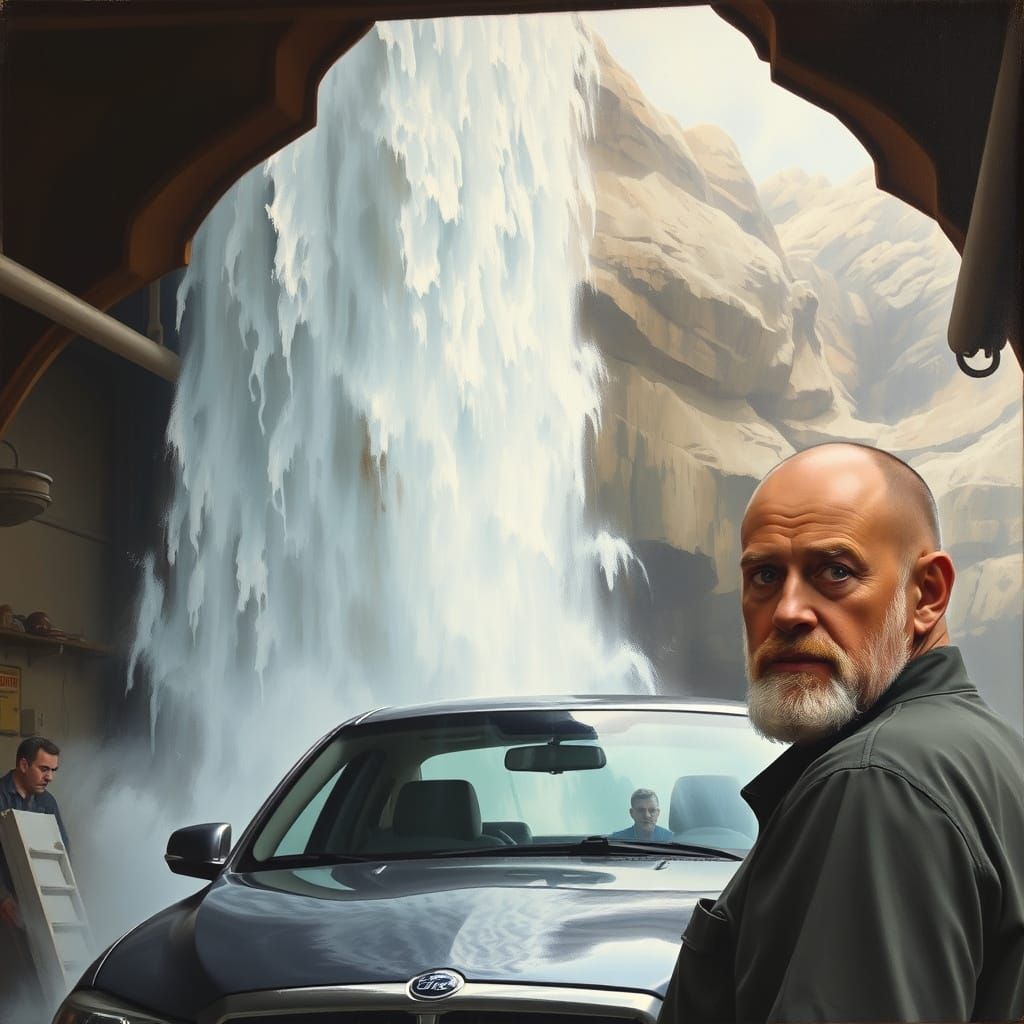 Surprising Garage Waterfall in Oil Painting Style