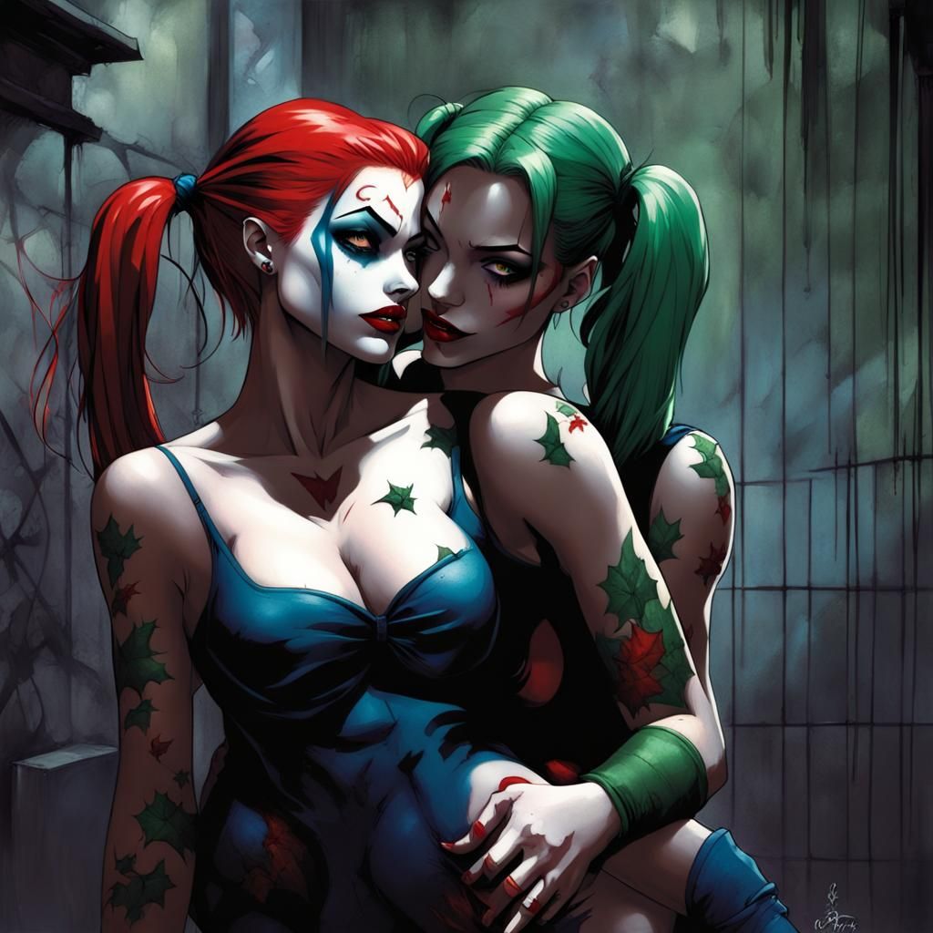 Harley Quinn and Poison Ivy's Kiss in Gotham City