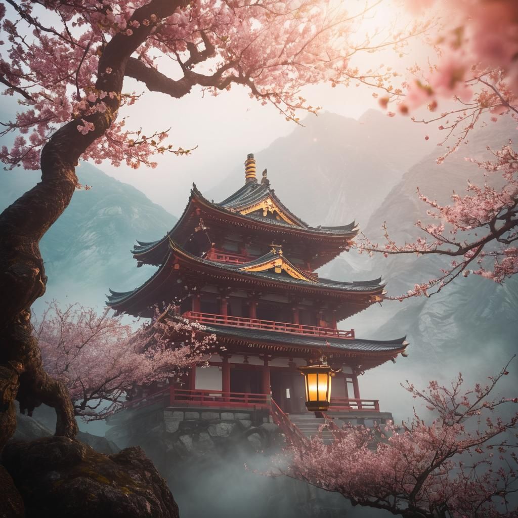 Surreal Ancient Temple in Misty Mountains with Cherry Blosso...