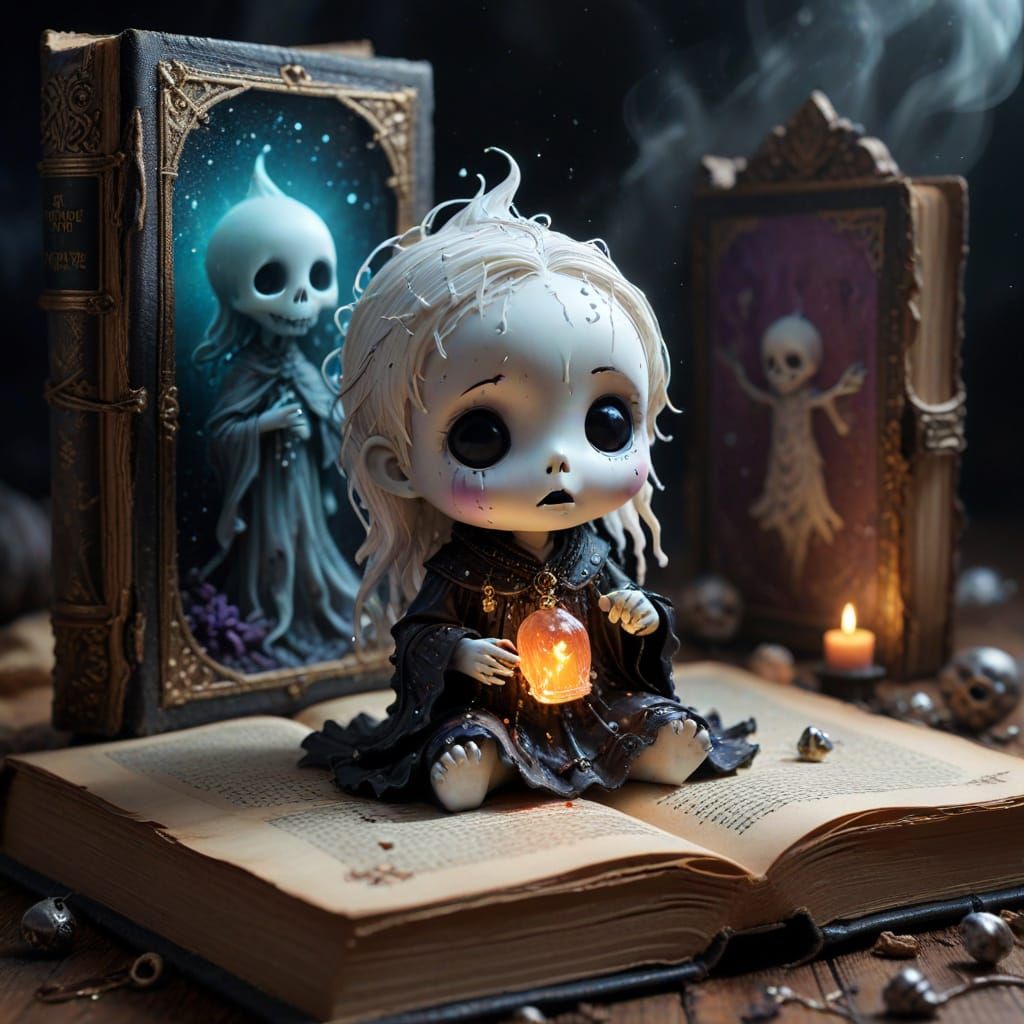 Voodoo Folk Art Chibi Ghost Emerging From Storybook