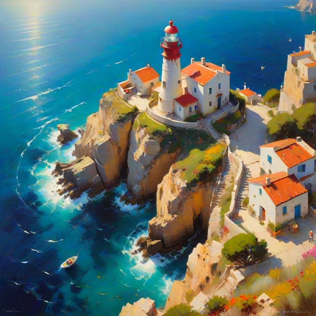 Coastal Lighthouse Bird's Eye View: Impressionistic Oil Pain...