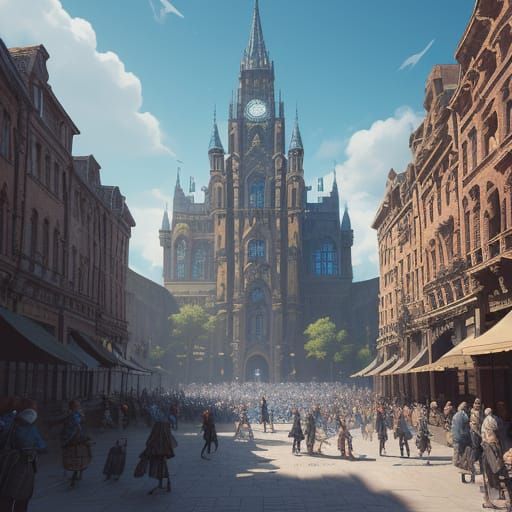 Vibrant Town Square Unfolds with Magic and Wonder