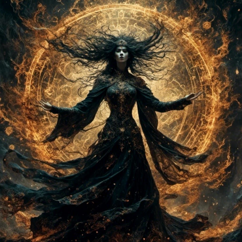 Witch Rising with Glowing Runes in Dark Fantasy