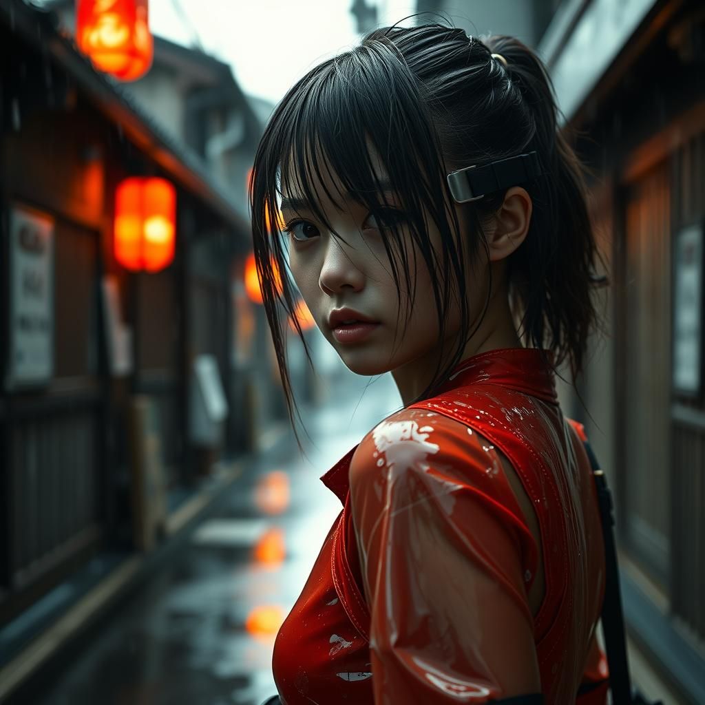Cyberpunk Ninja Girl in Rainy Alley