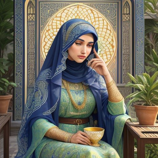 Moroccan Woman Sipping Tea in Art Nouveau Style