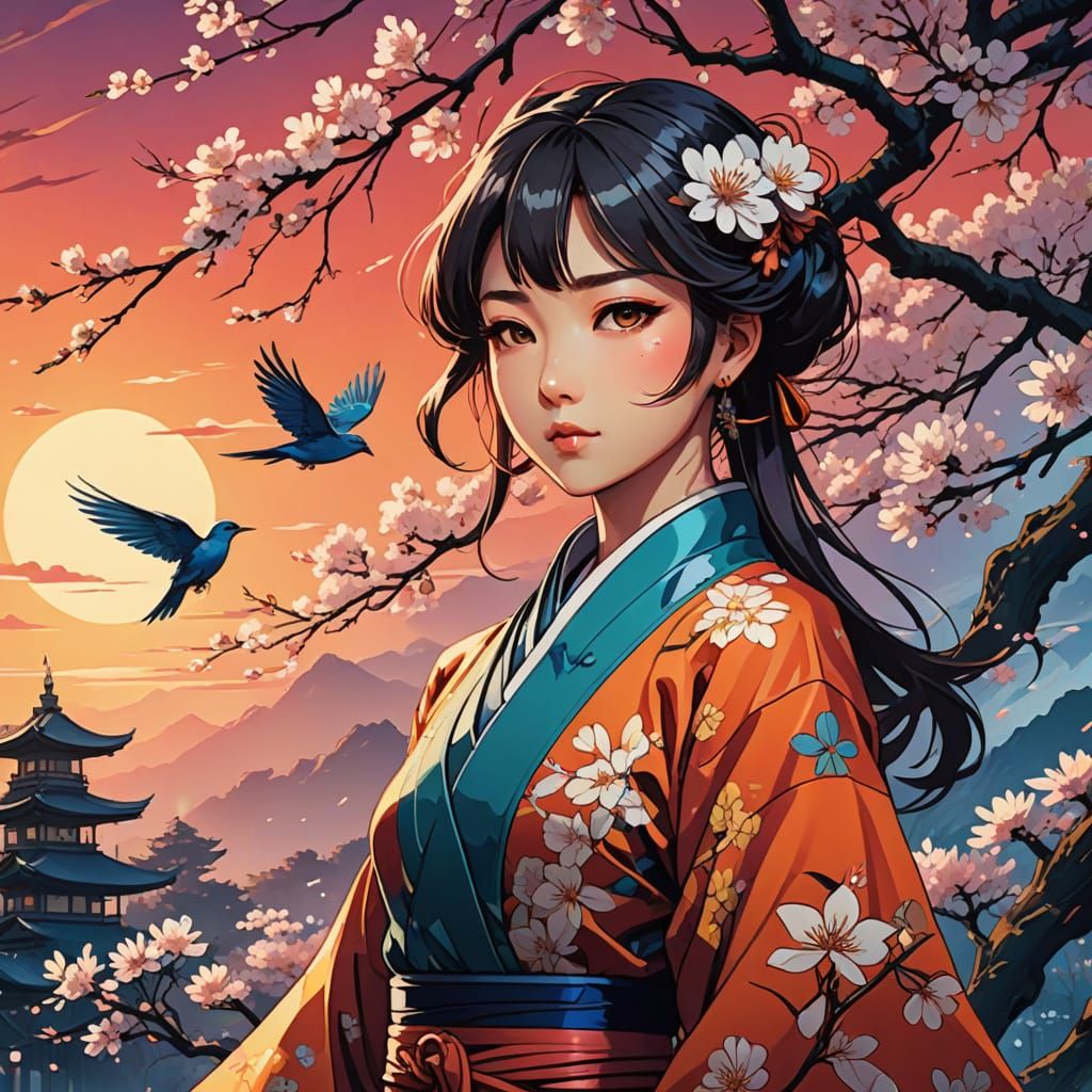 Jugendstil Girl in Vibrant Sunset, Inspired by Anime Aesthet...