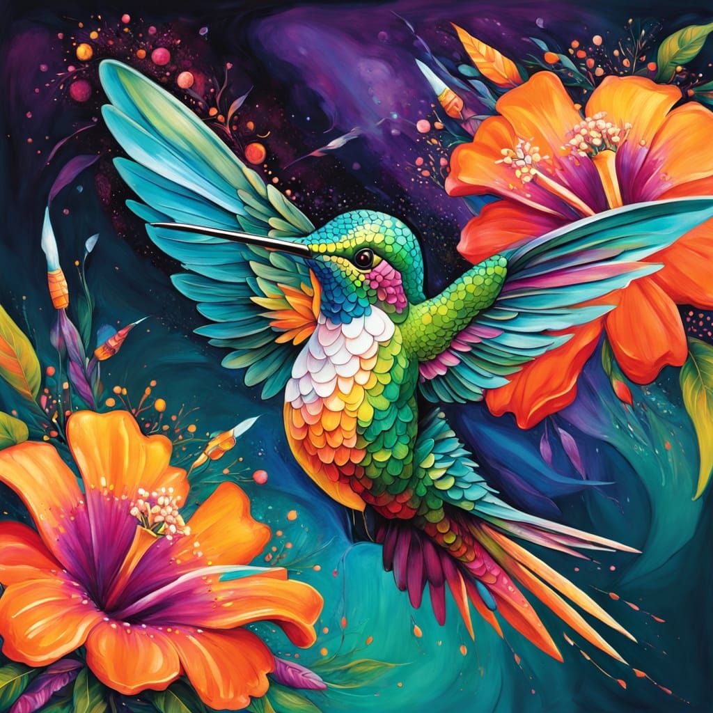 Vibrant Hummingbird in Epic Alcohol Ink Painting