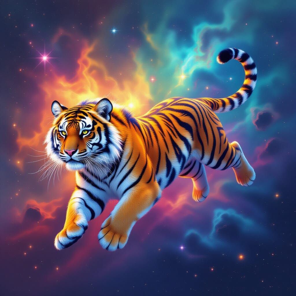 Cosmic Rainbow Tiger in Surreal Dreamscape